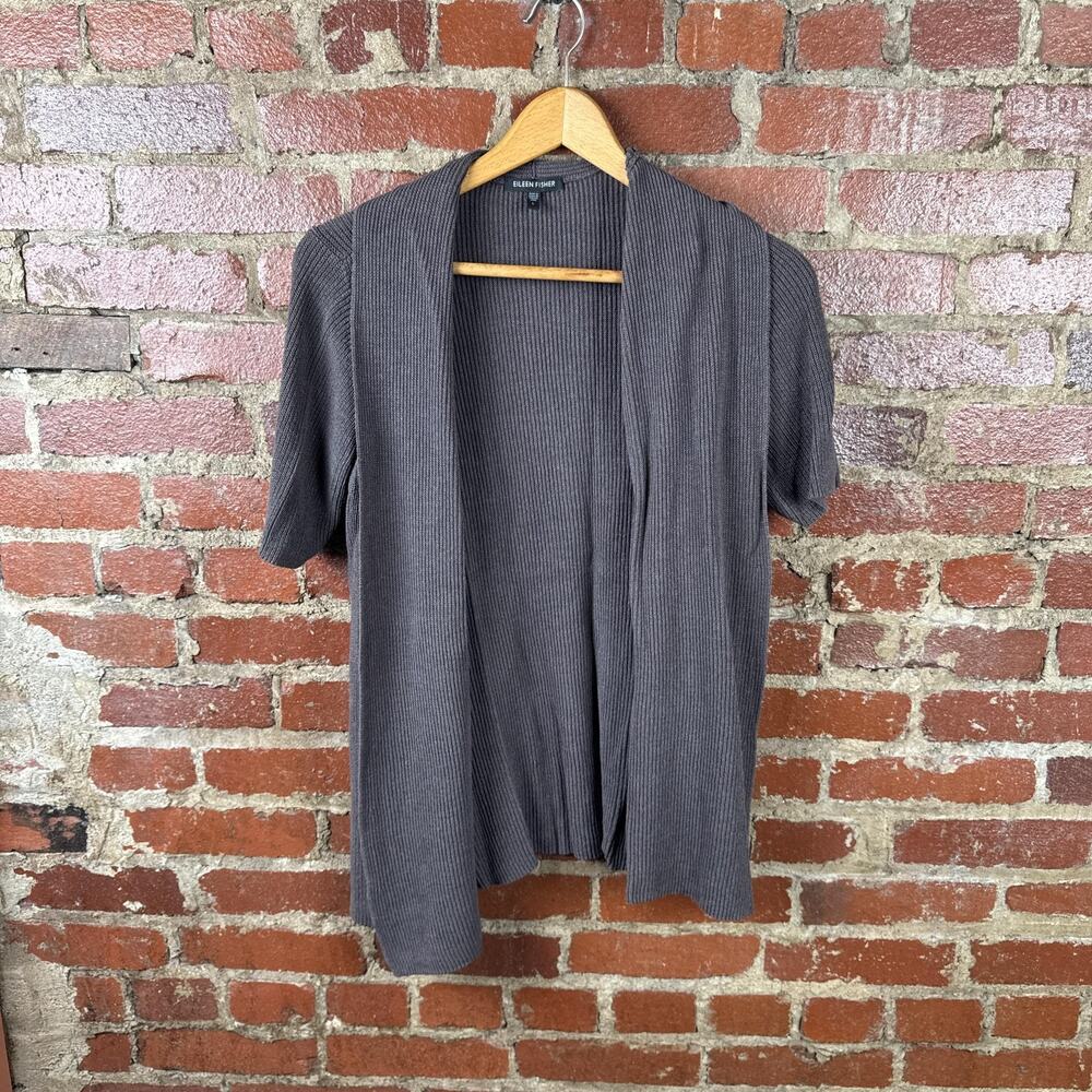 Eileen Fisher Cardigan Womens Large Brown Silk Open Front Short Sleeve Sweater